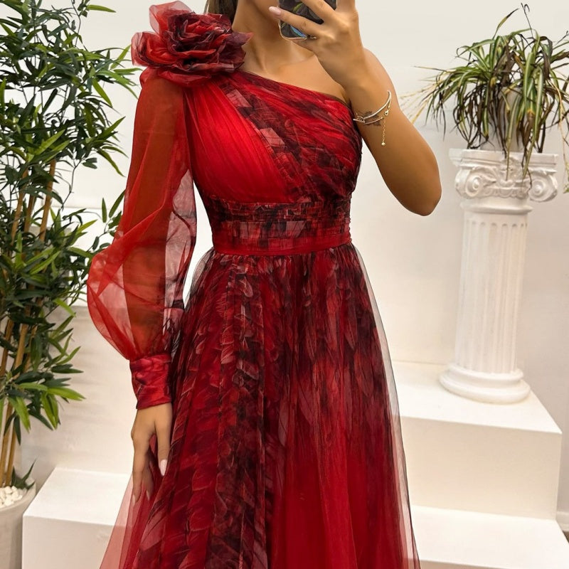 ⏳ خصم 50٪ لفترة محدودة! 💥 فساتين نسائية نسائية مطبوعة بشبكة مائلة على الكتف （كلما اشتريت أكثر، كلما زاد الخصم）