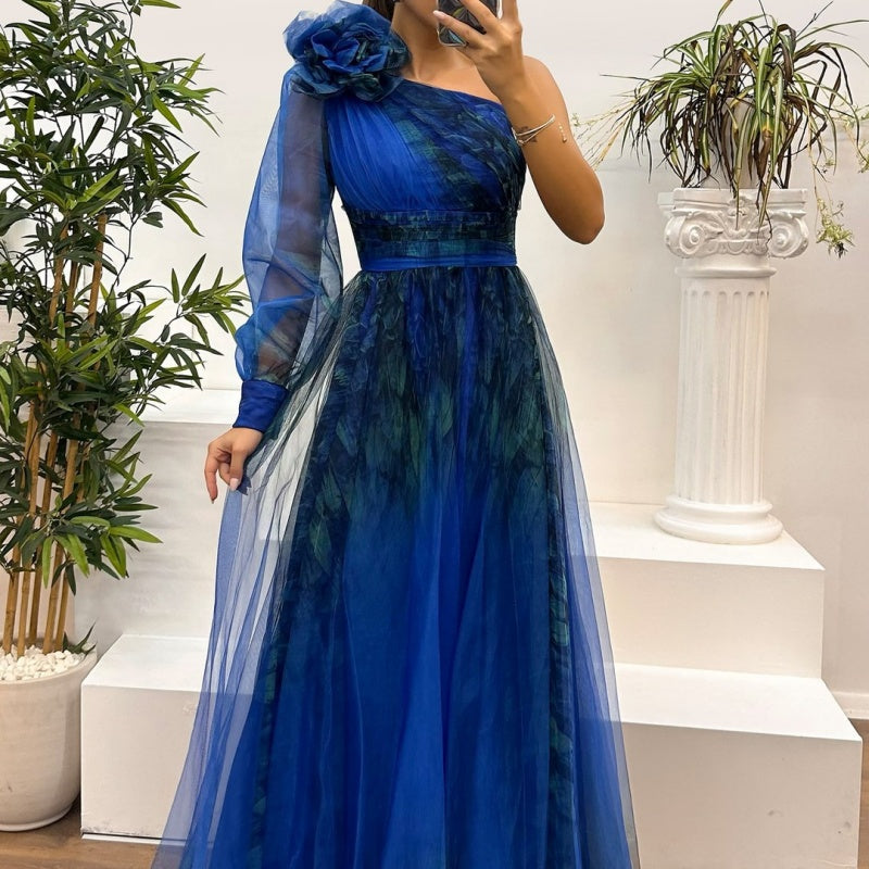 ⏳ خصم 50٪ لفترة محدودة! 💥 فساتين نسائية نسائية مطبوعة بشبكة مائلة على الكتف （كلما اشتريت أكثر، كلما زاد الخصم）