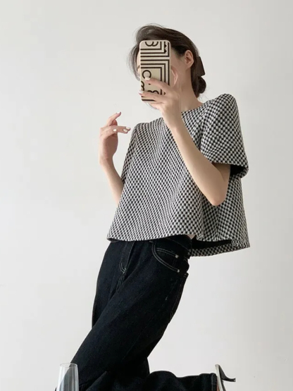Lanaly Mid Sleeve Checked Top-The Black Bow-