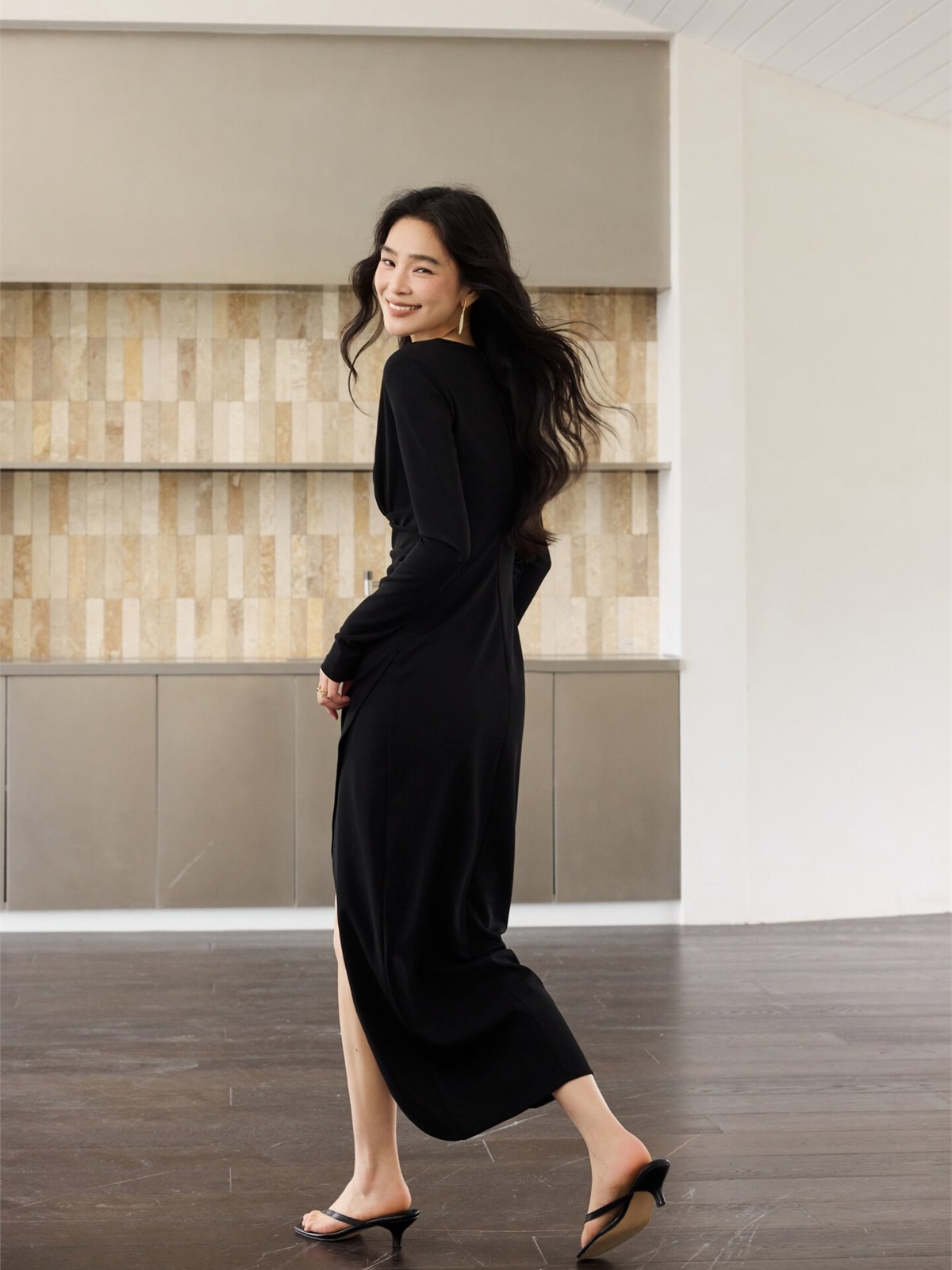 Helon Ruched Long-Sleeve Maxi Dress