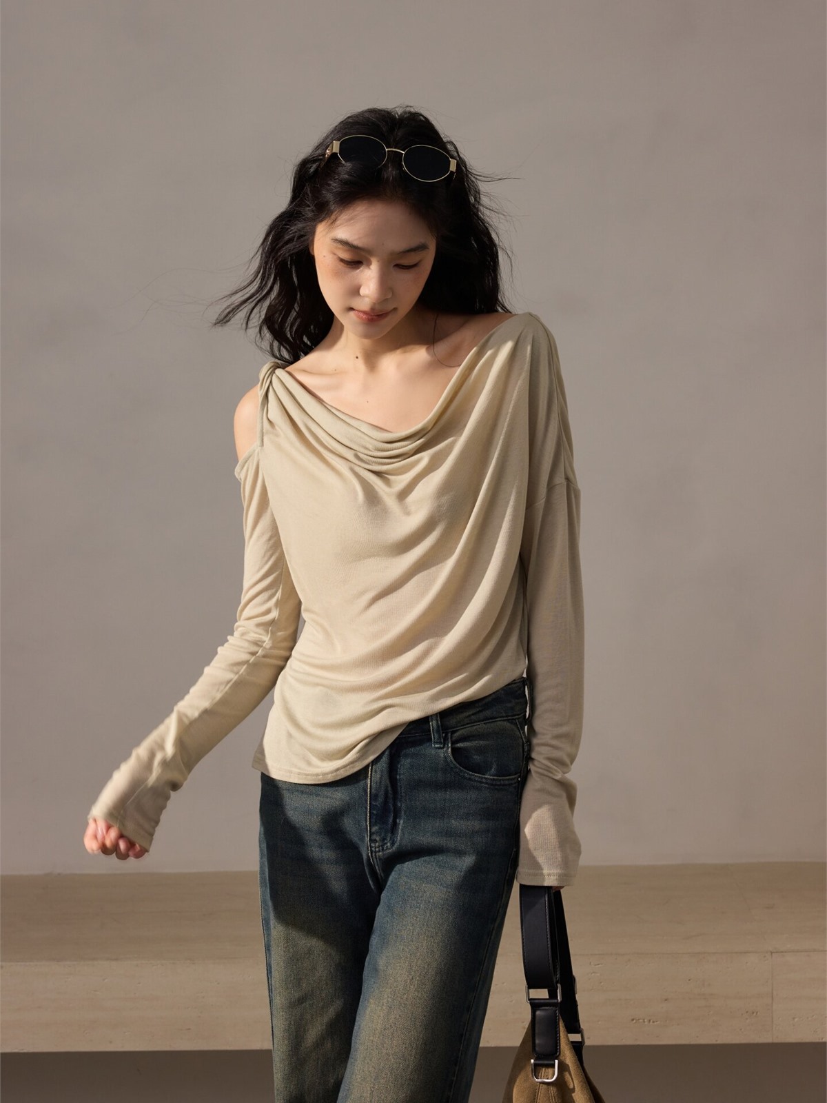 Hannah Asymmetric Draped Long-Sleeve Top