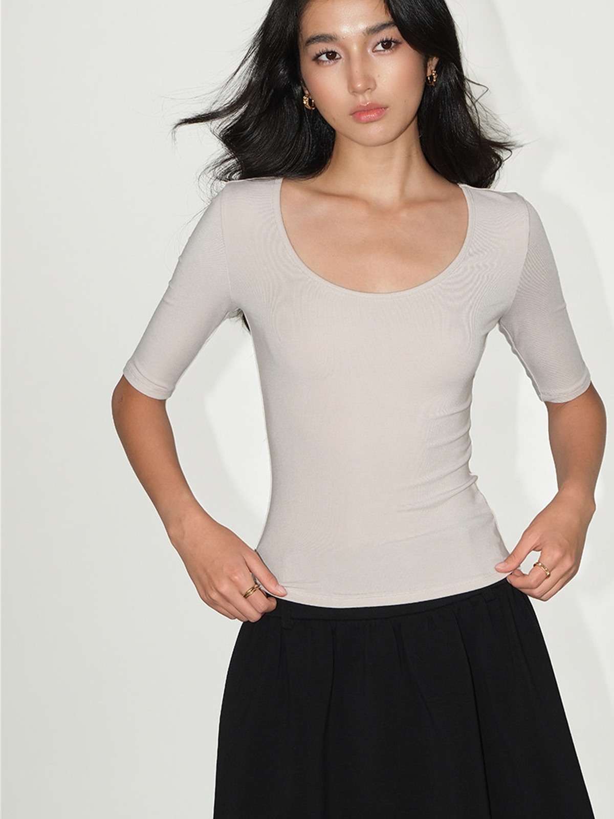 Liesel Scoop-Neck Elbow-Sleeve Top