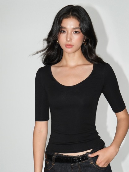 Liesel Scoop-Neck Elbow-Sleeve Top