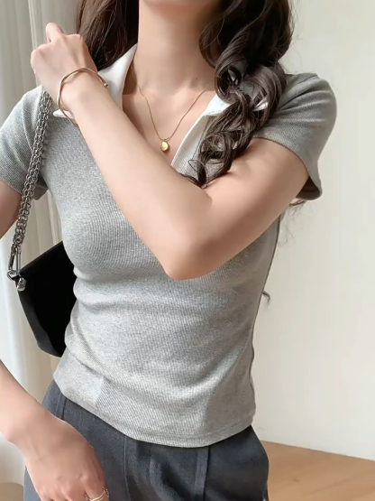 Dulcea Contrast-Collar Fitted Polo Top