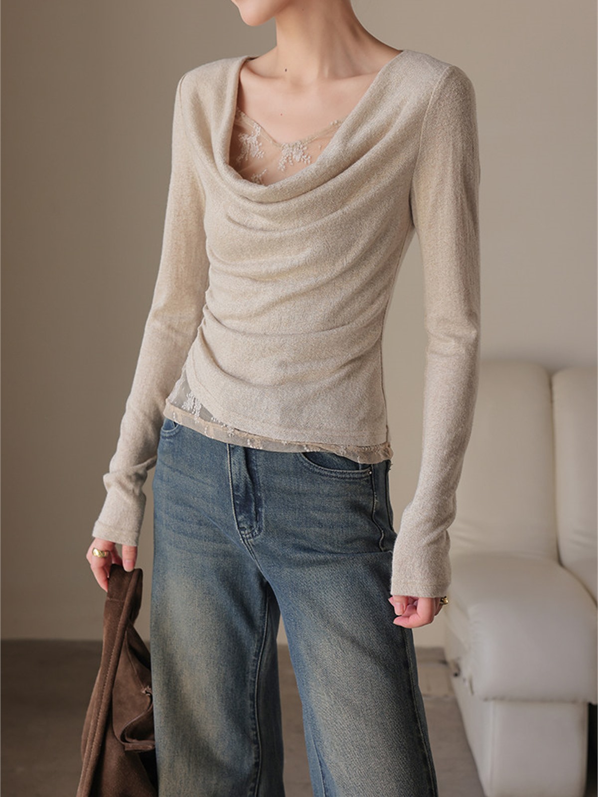 Hermione Ruched Cowl-Neck Long-Sleeve Top