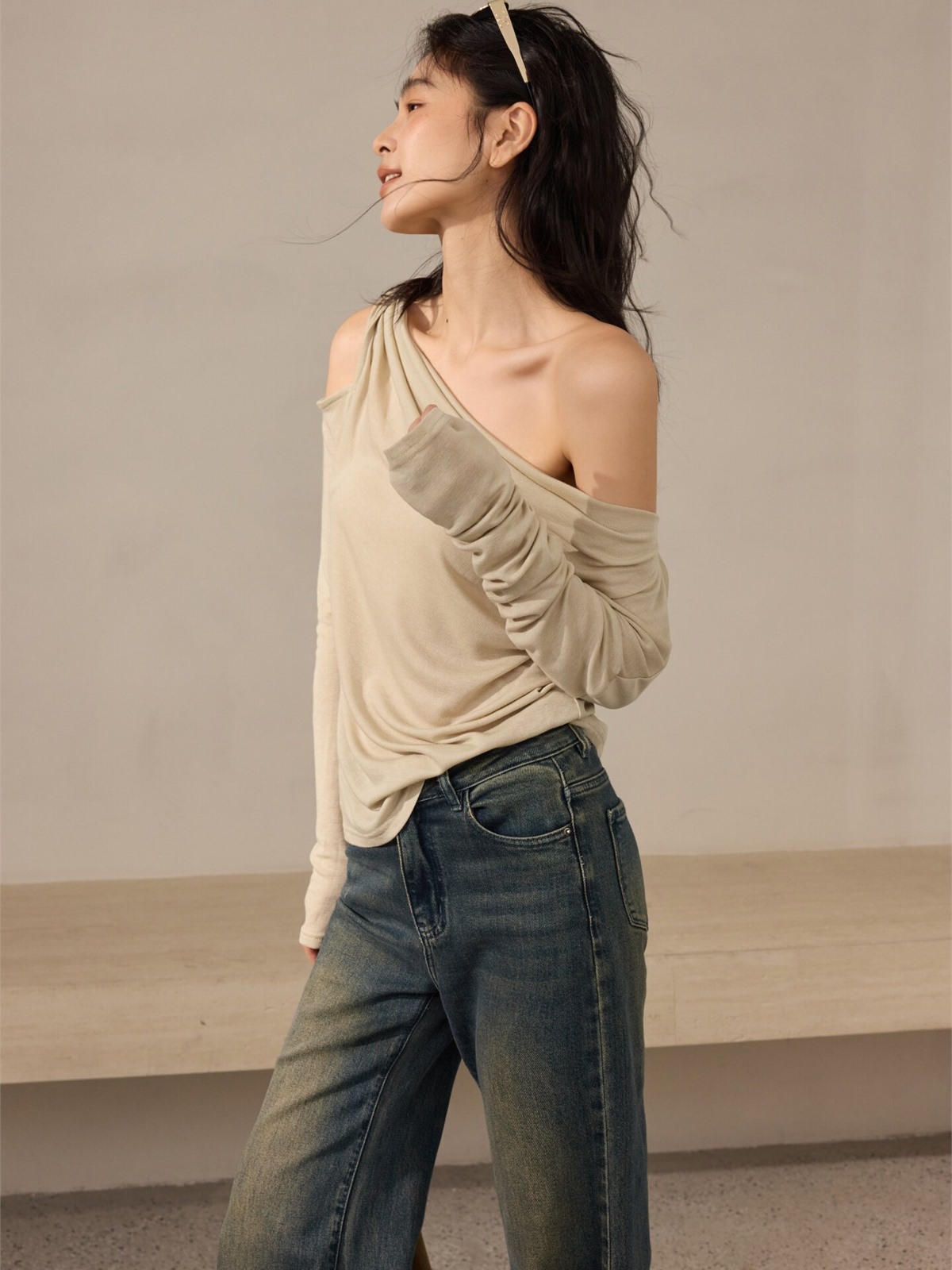 Hannah Asymmetric Draped Long-Sleeve Top