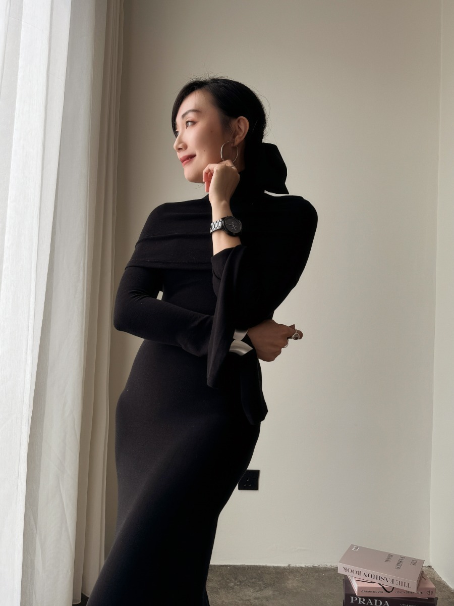 Zaaya Two Way Round Neck/ High Neck Padded Knit Dress