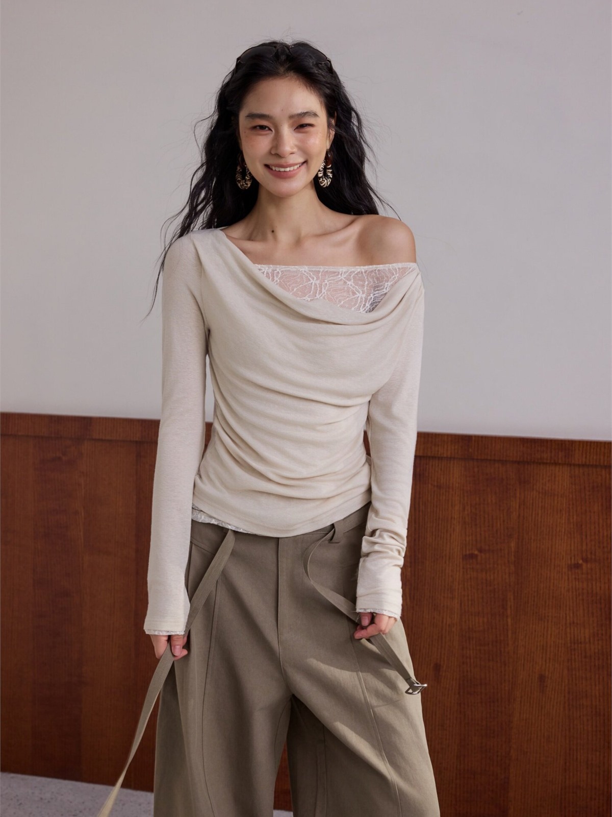 Hary Lace Trim One Shoulder Long-Sleeve Top