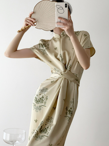 Yu Jin Waist Knot Shanghai Collar Oriental Dress With Sleeve-The Black Bow-