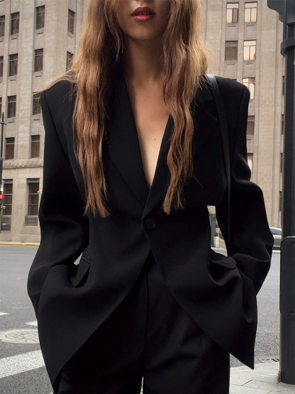Katida Slim Waist Single Button Blazer with Shoulder Padding-The Black Bow-