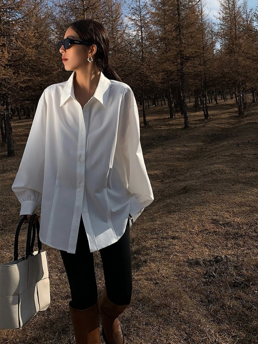 Las Vegas Single Pleat Drop Shoulder Plain Shirt (Discounted-S size)-The Black Bow-