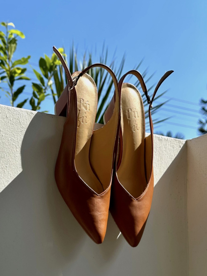 Noir Pointed Toe Block Heel Slingbacks-Windsor Tan-The Black Bow-