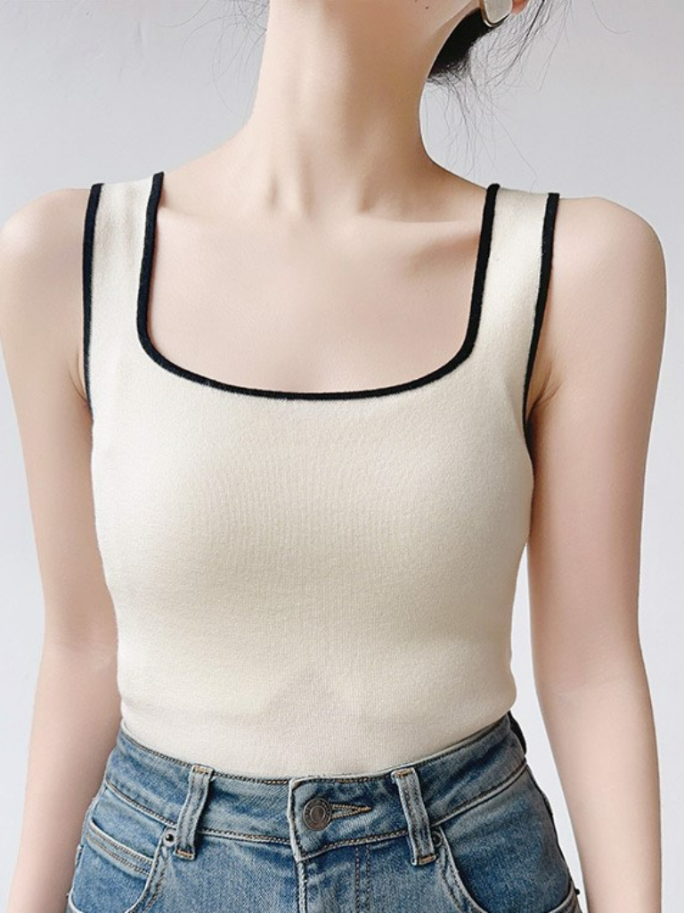 Jenaya Contrast Binding Square Neck Knit Top (Discounted-Free size)-The Black Bow-