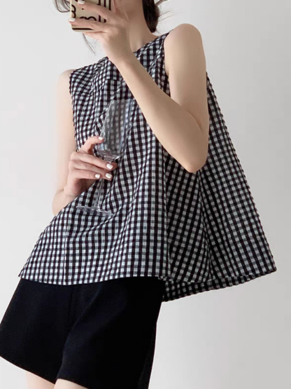 Tirya Checked Sleeveless Trapeze Top-The Black Bow-