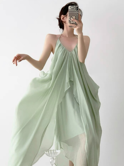 Nubia Halter Neck Layered Flowy Dress-The Black Bow-