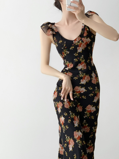 Nady Ruffle Collar Black Floral Dress-The Black Bow-