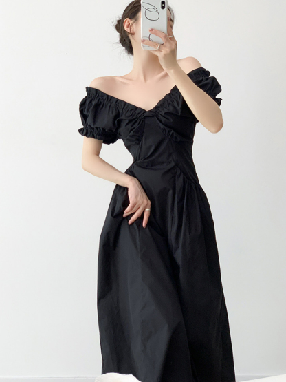 Neyle Puff Sleeve Off Shoulder Dress-The Black Bow-