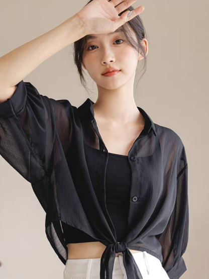You Li Tie Up Sheer Chiffon Shirt -The Black Bow-