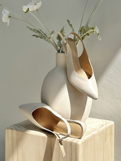 Noir Pointed Toe Block Heel Slingbacks-Cream-The Black Bow-