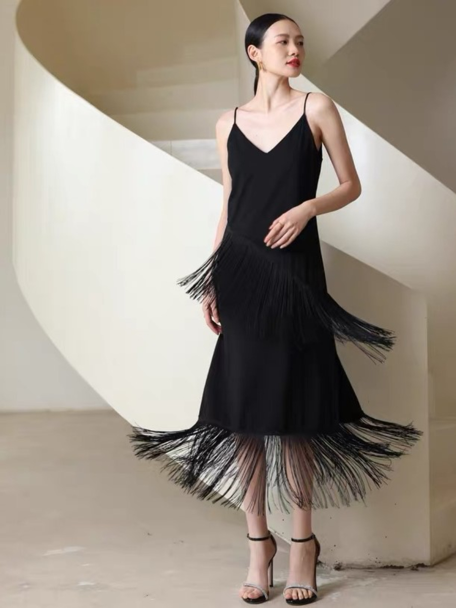Quiana Tassel Trimmed Cami Dress-The Black Bow-