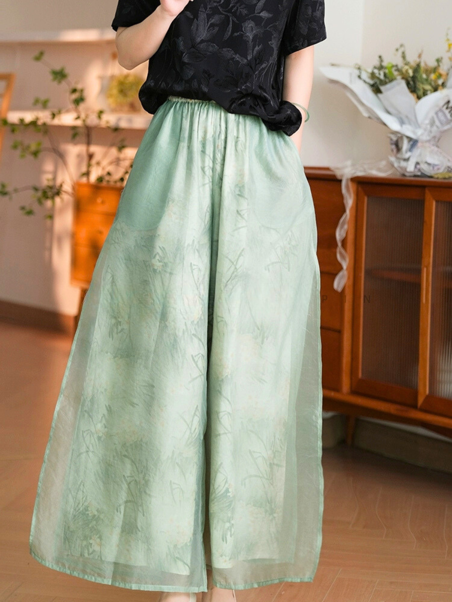 Fang Ning Sheer Wide Leg Pants with Oriental Printing-The Black Bow-
