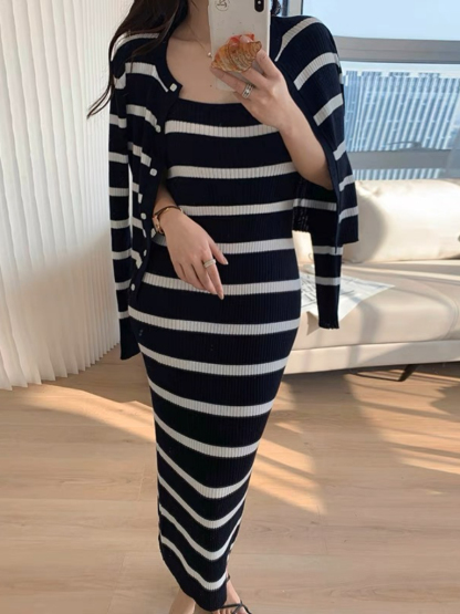 Orielle Striped Dress With Cardigan-The Black Bow-