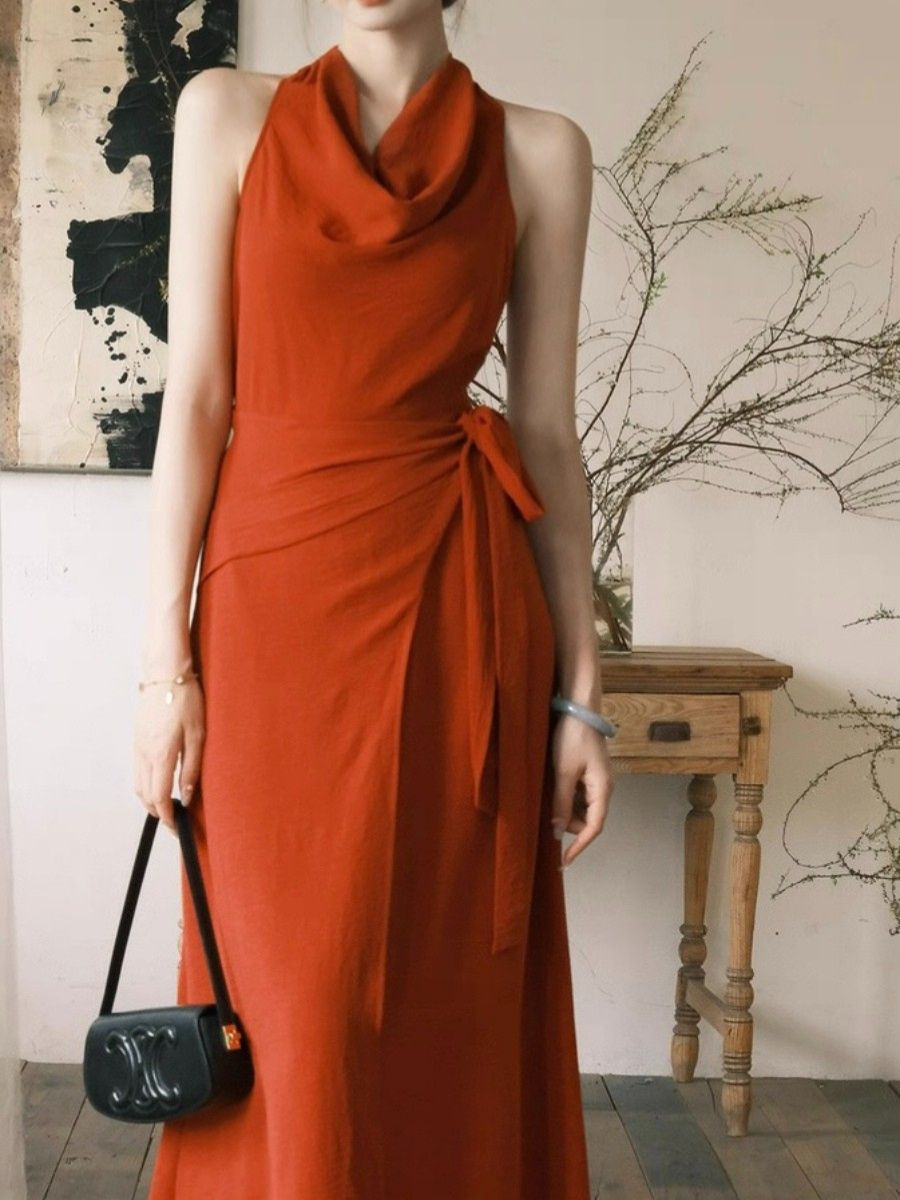 Leben Swing Collar Waist Tie Maxi Dress