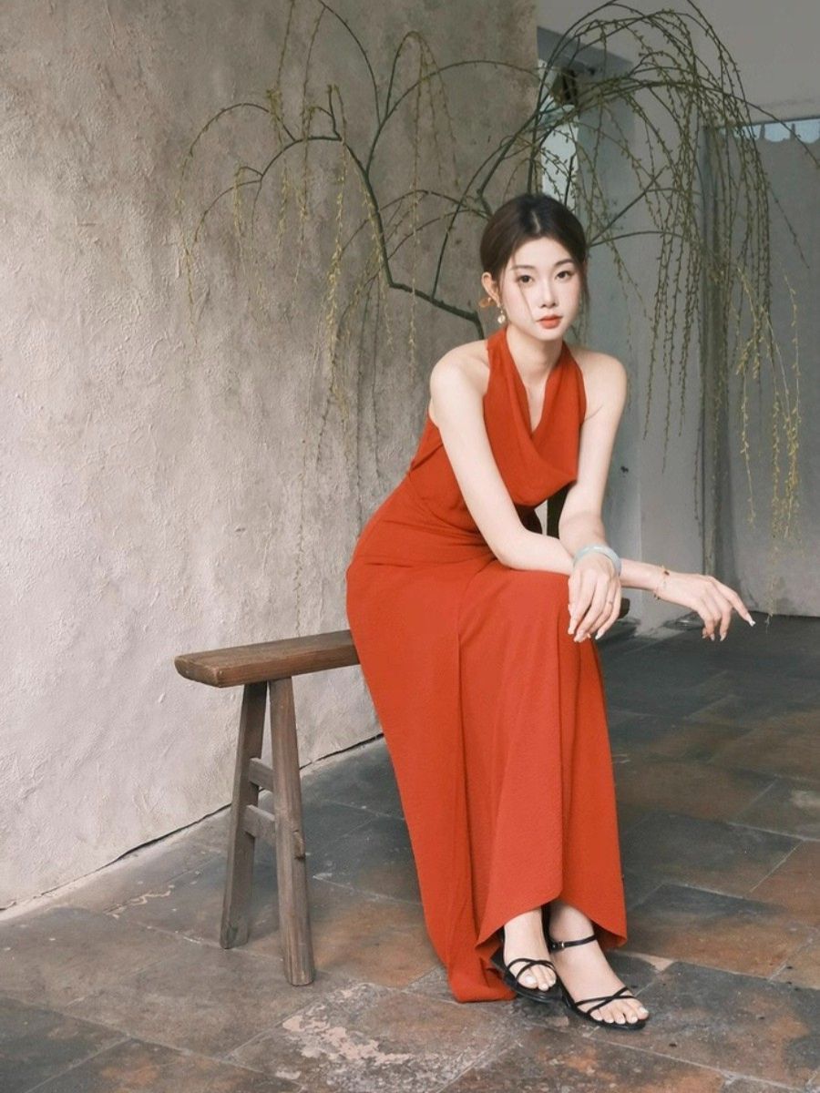 Leben Swing Collar Waist Tie Maxi Dress