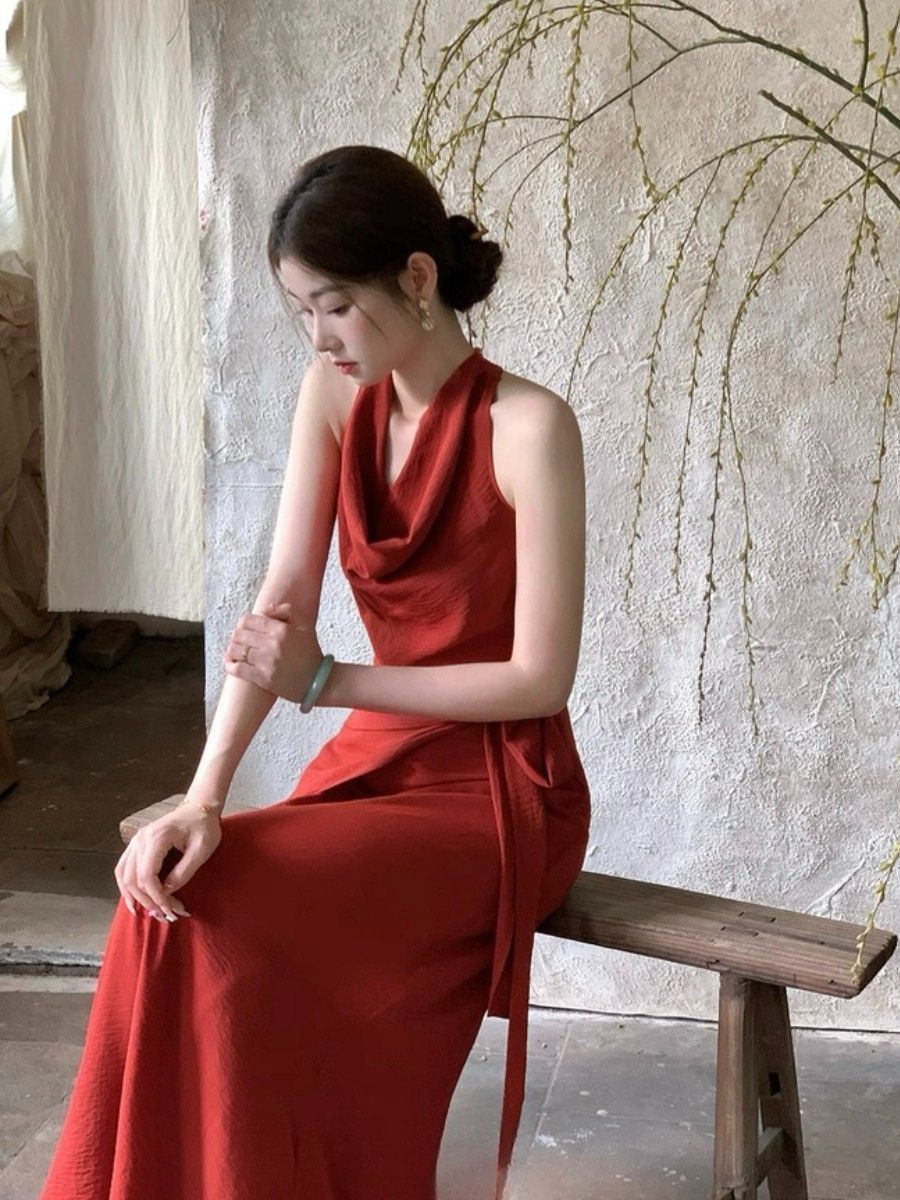 Leben Swing Collar Waist Tie Maxi Dress