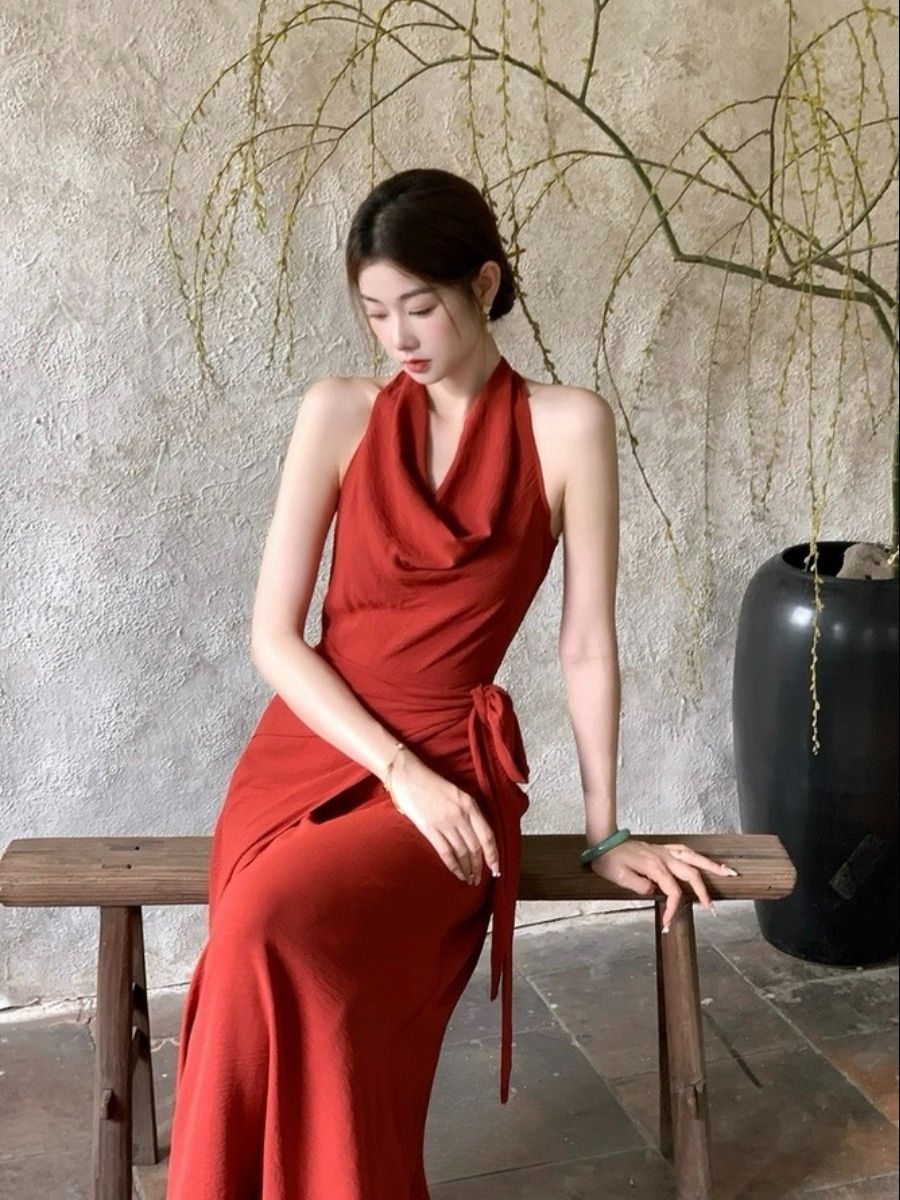 Leben Swing Collar Waist Tie Maxi Dress