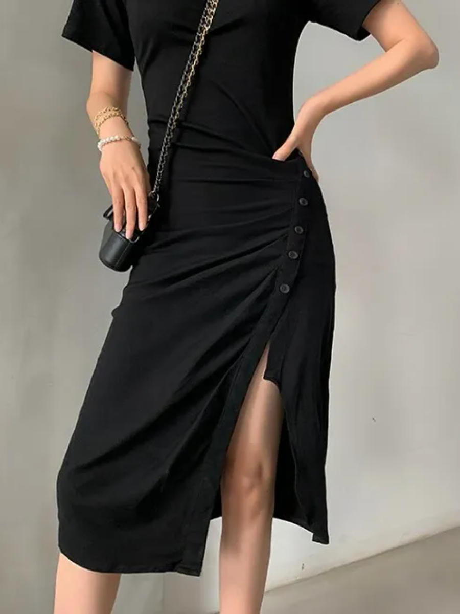 Gladyna Button Side Slit Dress-The Black Bow-