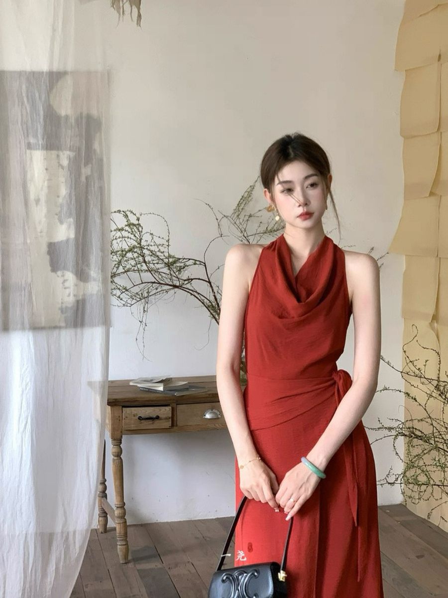 Leben Swing Collar Waist Tie Maxi Dress