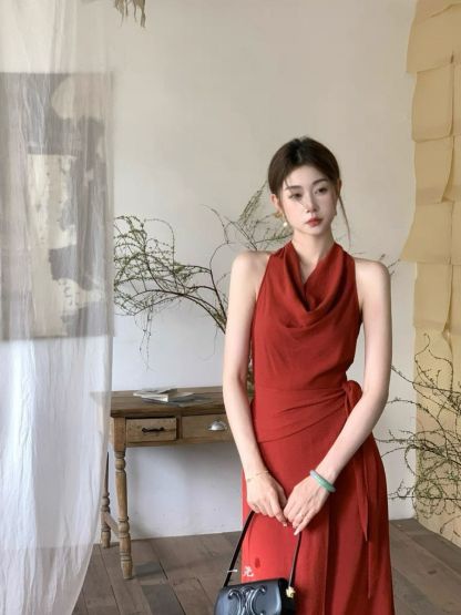 Leben Swing Collar Waist Tie Maxi Dress