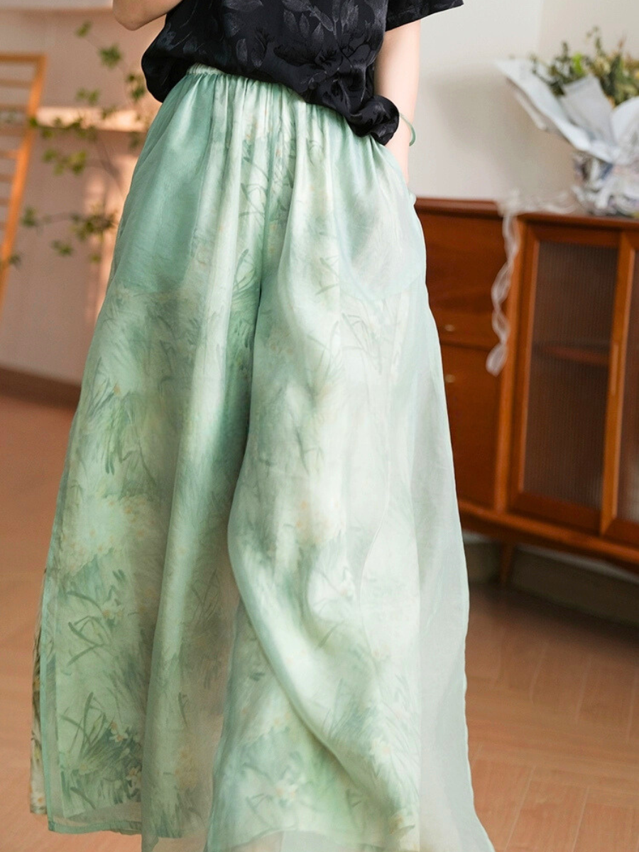 Fang Ning Sheer Wide Leg Pants with Oriental Printing-The Black Bow-