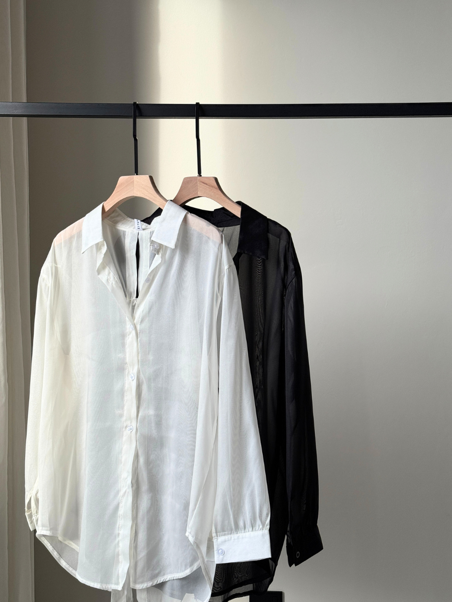 Huan Huan Back Pearl Pankou Sheer Chiffon Shirt (Reject-Free size)-The Black Bow-
