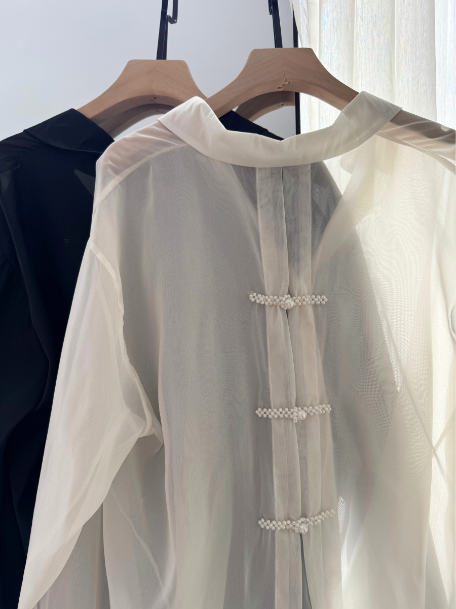 Huan Huan Back Pearl Pankou Sheer Chiffon Shirt (Reject-Free size)-The Black Bow-