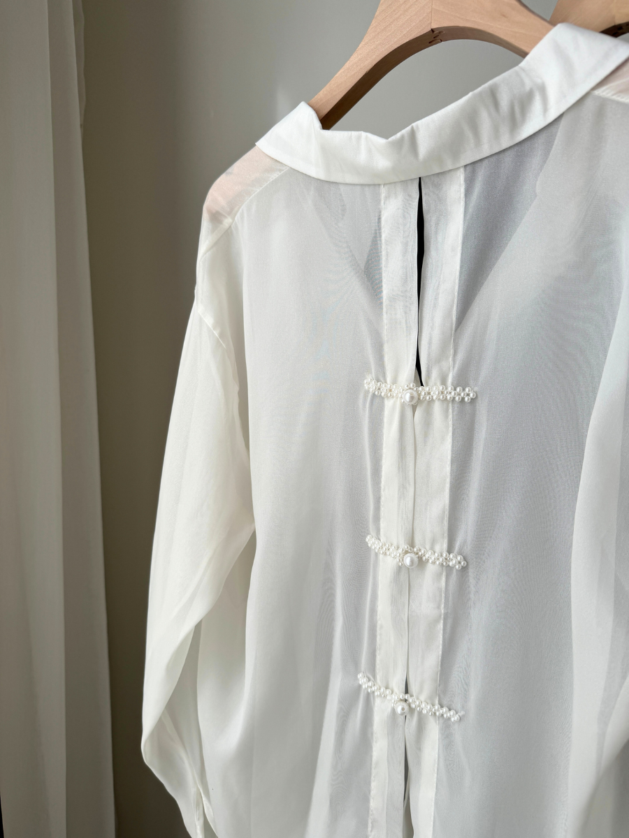 Huan Huan Back Pearl Pankou Sheer Chiffon Shirt (Reject-Free size)-The Black Bow-