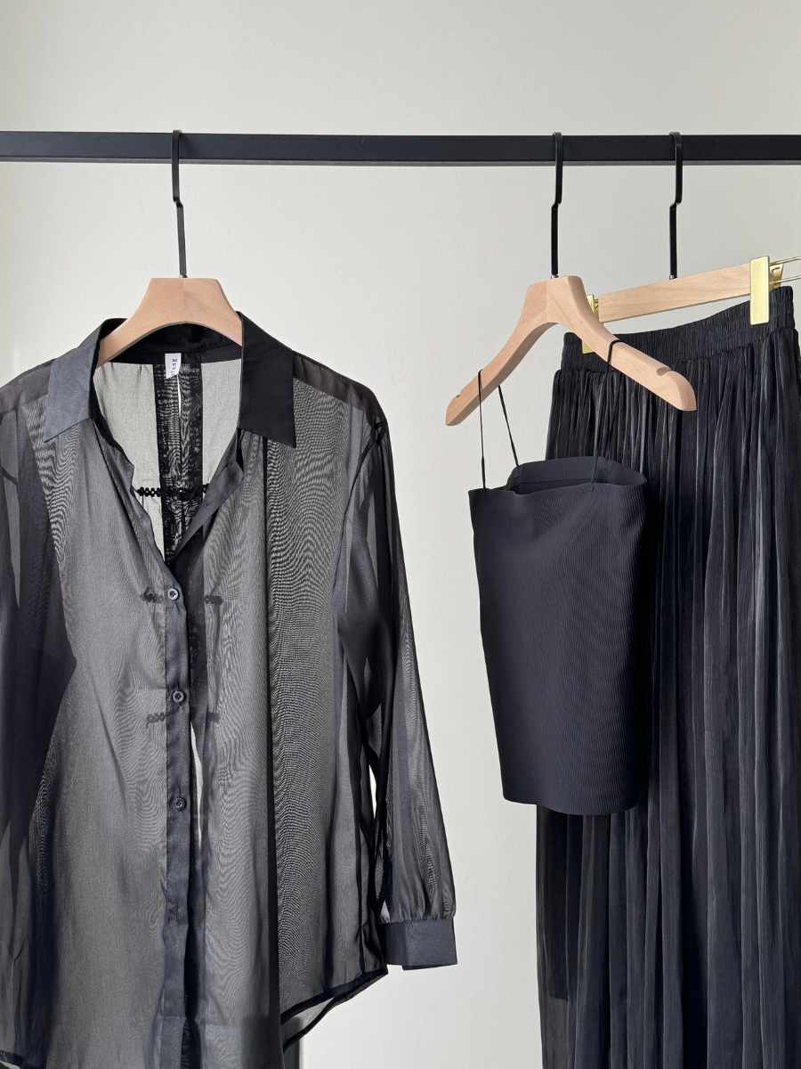 Huan Huan Back Pearl Pankou Sheer Chiffon Shirt & Benny Inner Padded Top-The Black Bow-