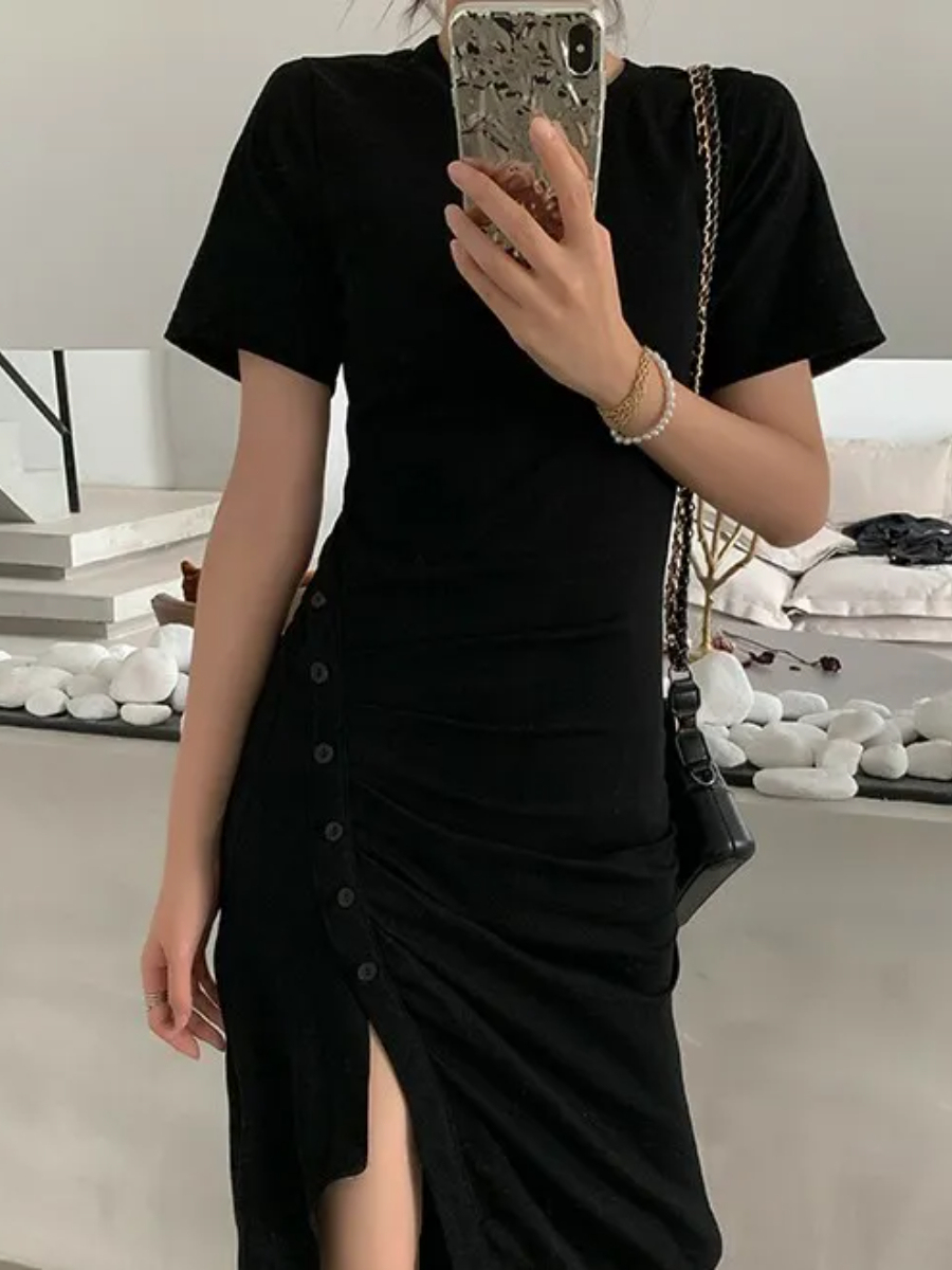 Gladyna Button Side Slit Dress-The Black Bow-