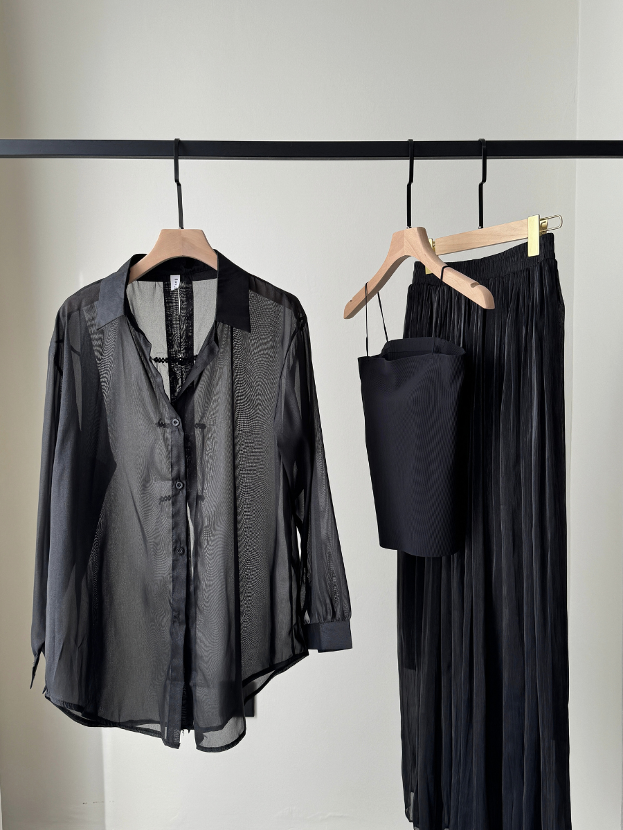 Huan Huan Back Pearl Pankou Sheer Chiffon Shirt & Benny Inner Padded Top-The Black Bow-