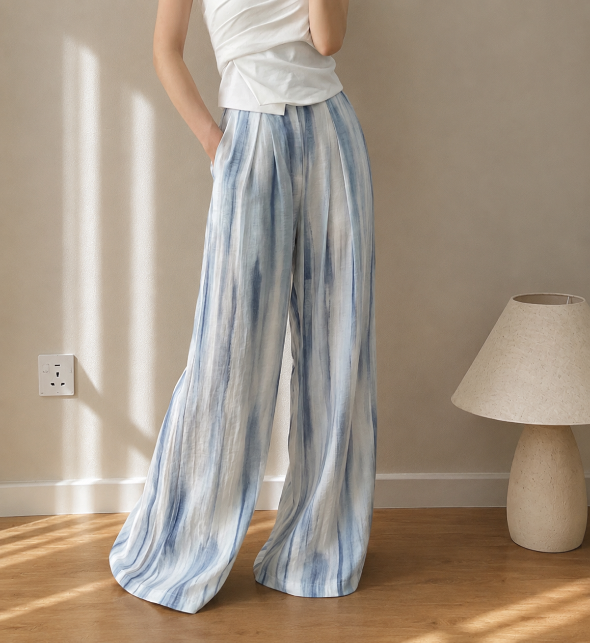 Charlie Watercolor Tencel Linen Wide-Leg Pants