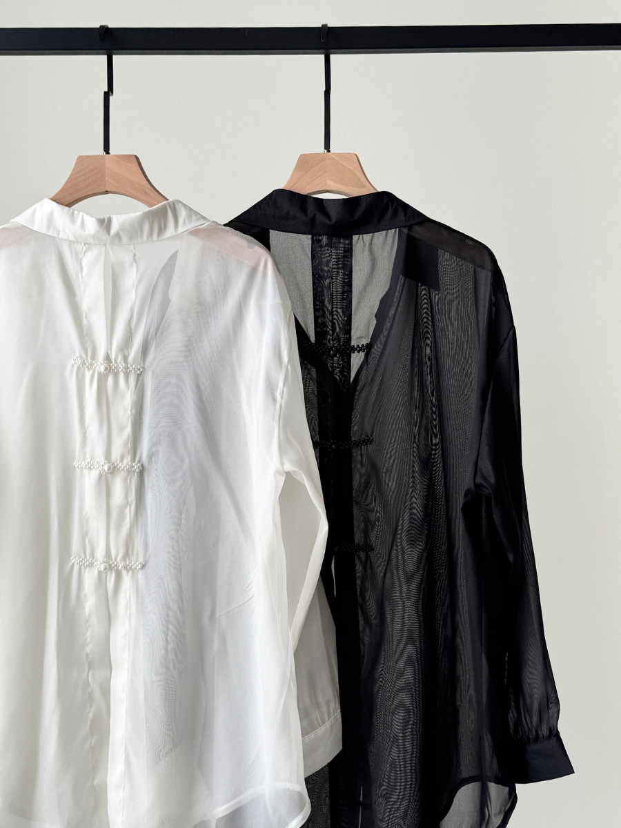Huan Huan Back Pearl Pankou Sheer Chiffon Shirt (Reject-Free size)-The Black Bow-