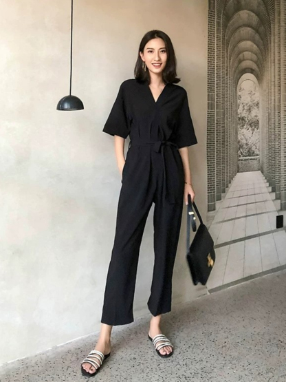 Natasha Front Wrap Belted Jumpsuits-The Black Bow-