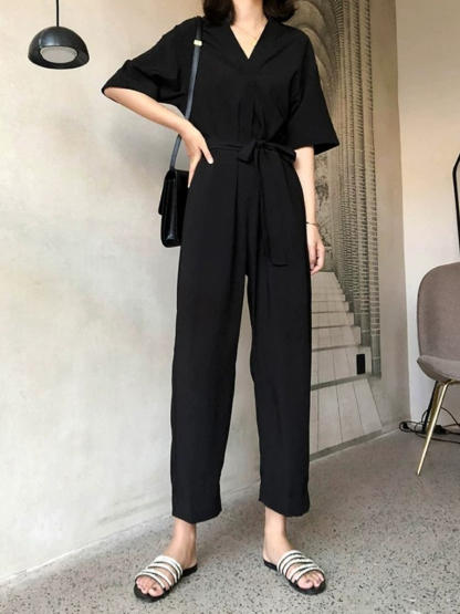 Natasha Front Wrap Belted Jumpsuits-The Black Bow-