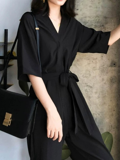 Natasha Front Wrap Belted Jumpsuits-The Black Bow-