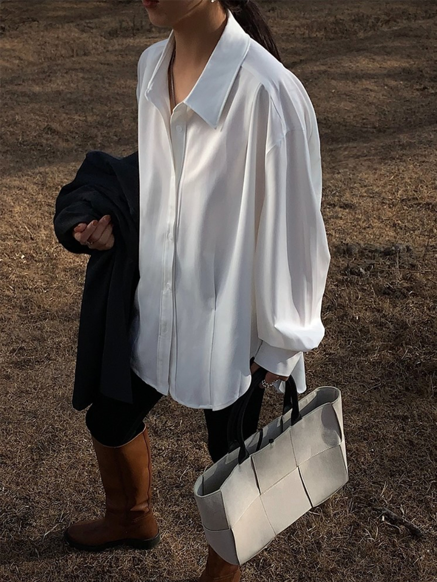 Las Vegas Single Pleat Drop Shoulder Plain Shirt (Discounted-S size)-The Black Bow-