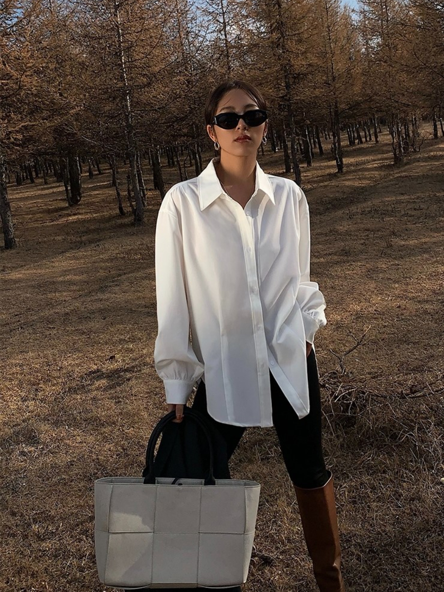 Las Vegas Single Pleat Drop Shoulder Plain Shirt (Discounted-S size)-The Black Bow-