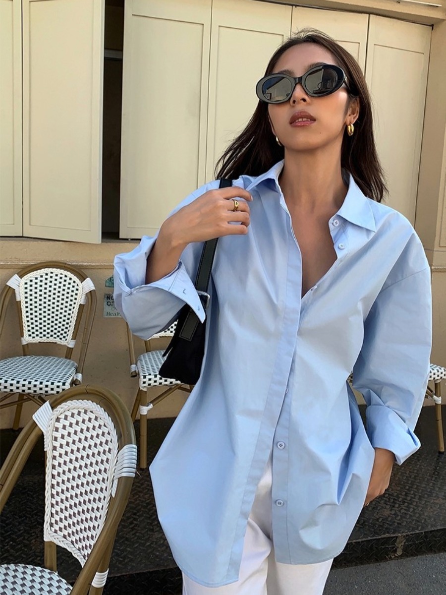 New York Hidden Button Curved Hem Cotton Plain Shirt