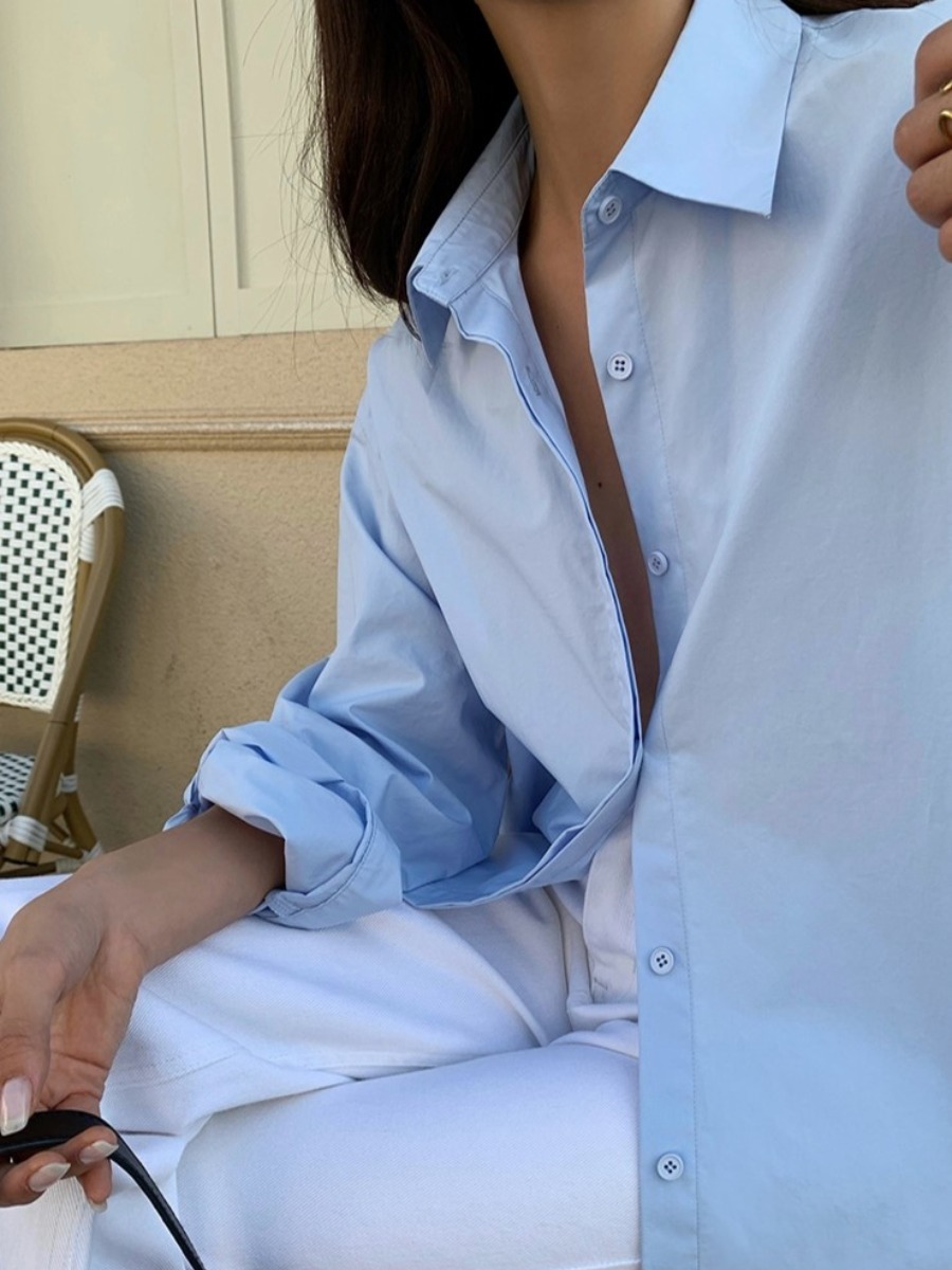 New York Hidden Button Curved Hem Cotton Plain Shirt-The Black Bow-