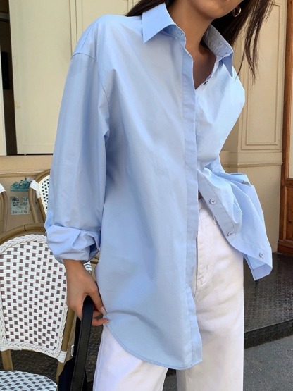 New York Hidden Button Curved Hem Cotton Plain Shirt-The Black Bow-